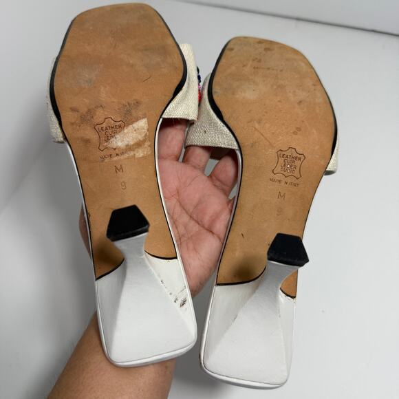 Fendi 9 Vtg Zucca FF Logo Canvas Slides Beaded Floral White Kitten Heel Mule - Picture 9 of 11